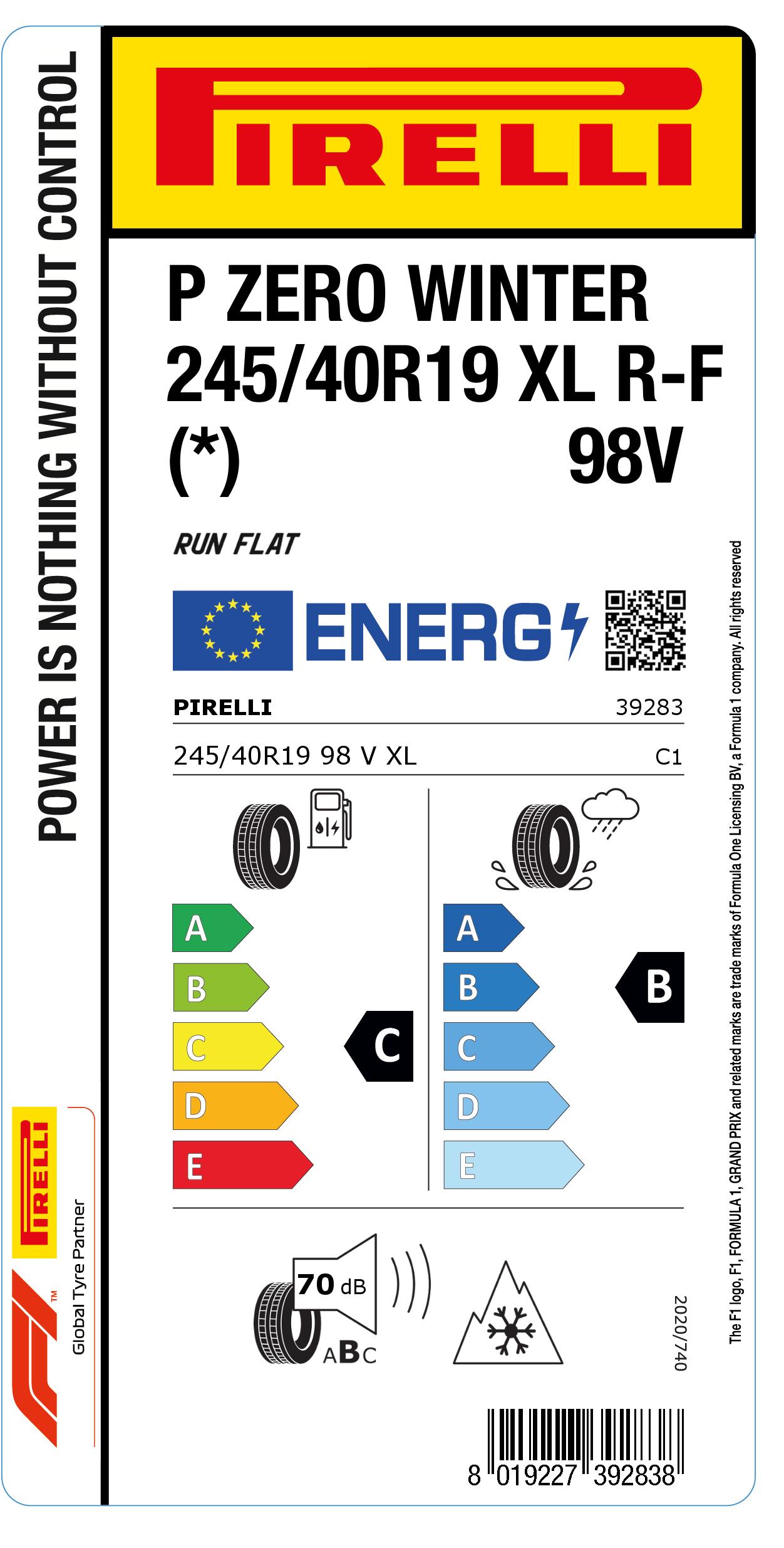 Pirelli Winter Sottozero 3 Pneumatico Invernale - 245/40R19 98V - XL FSL M+S 3PMSF - Etichetta C B 72db - Run Flat - 3