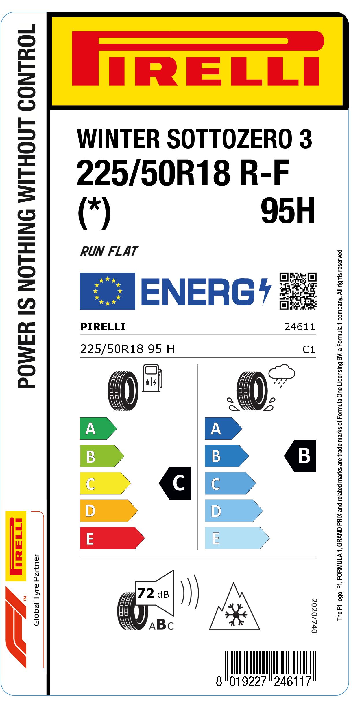 Pirelli Winter Sottozero 3 - Pneumatico Invernale 225/50R18 95H, Run Flat, M+S, 3PMSF