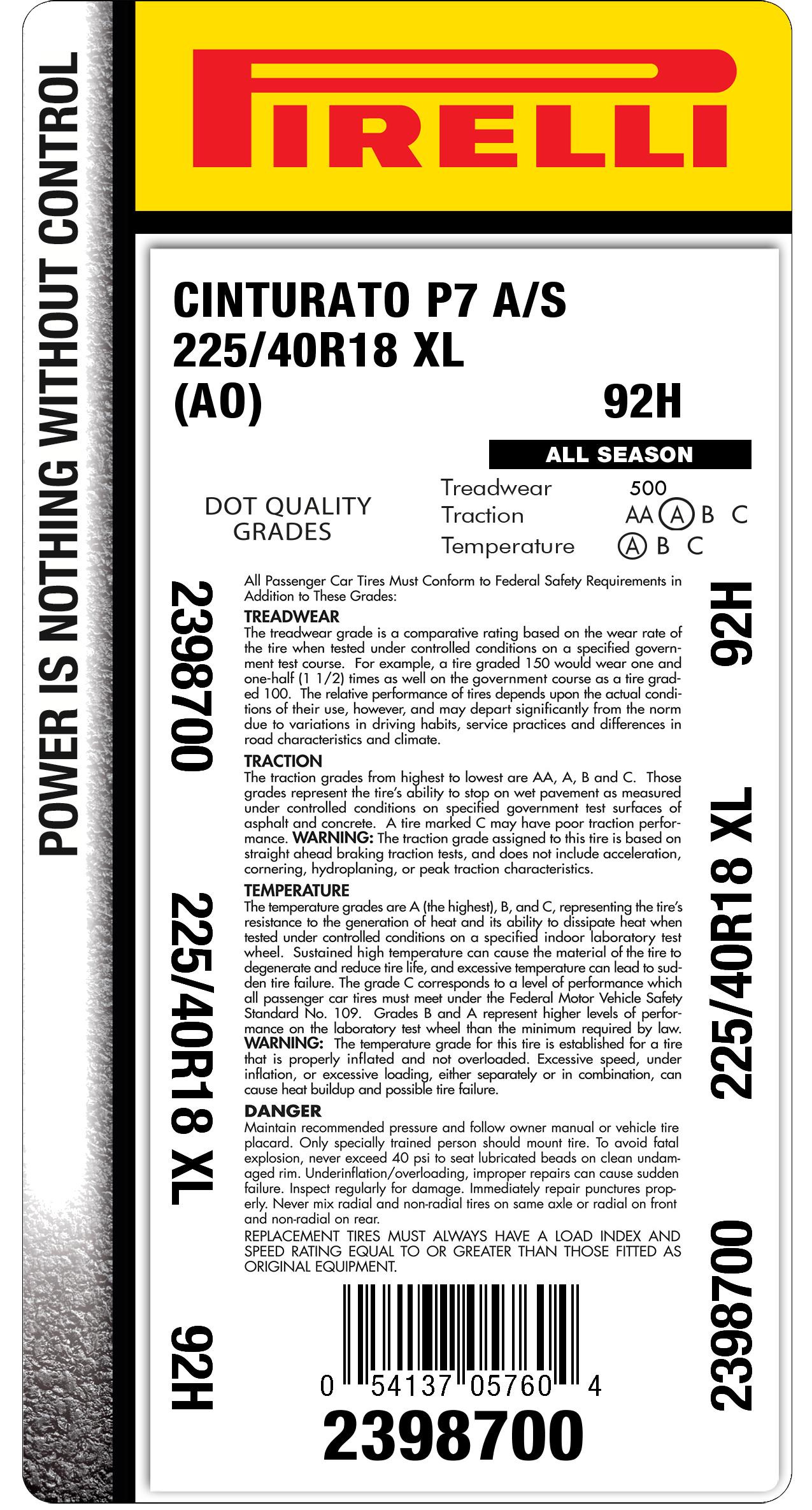 CINTURATO P7™ ALL SEASON 225/40R18 | Pirelli