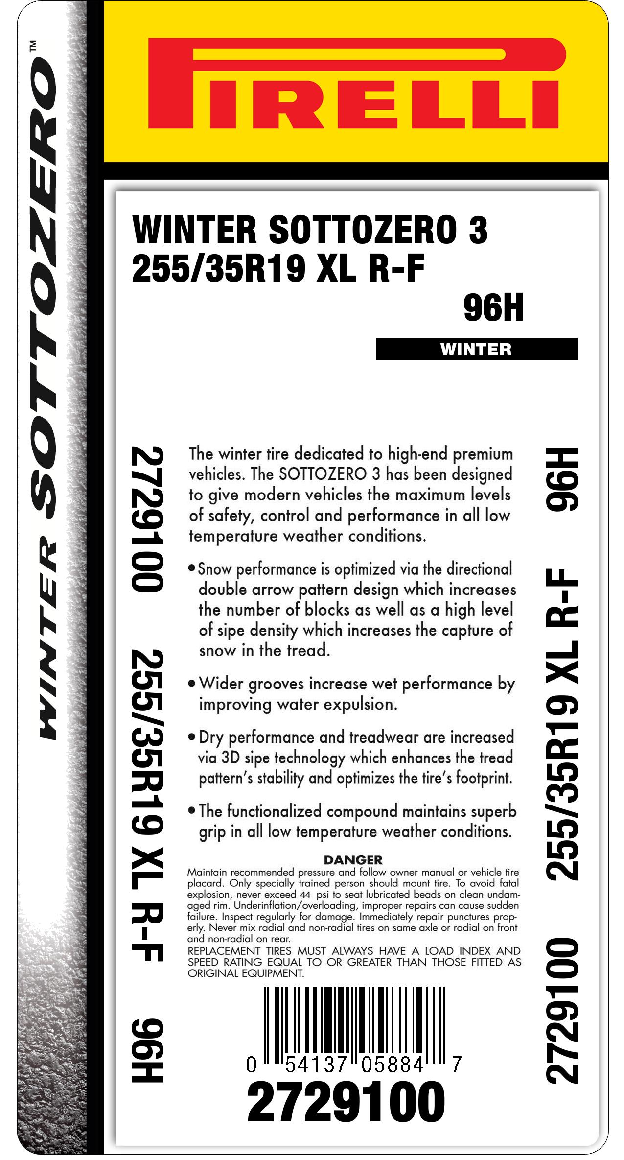 2本セット PIRELLI ピレリ ウィンター W SOTTOZERO3 RFT 255 35R19 96H XL スタッドレスタイヤ単品