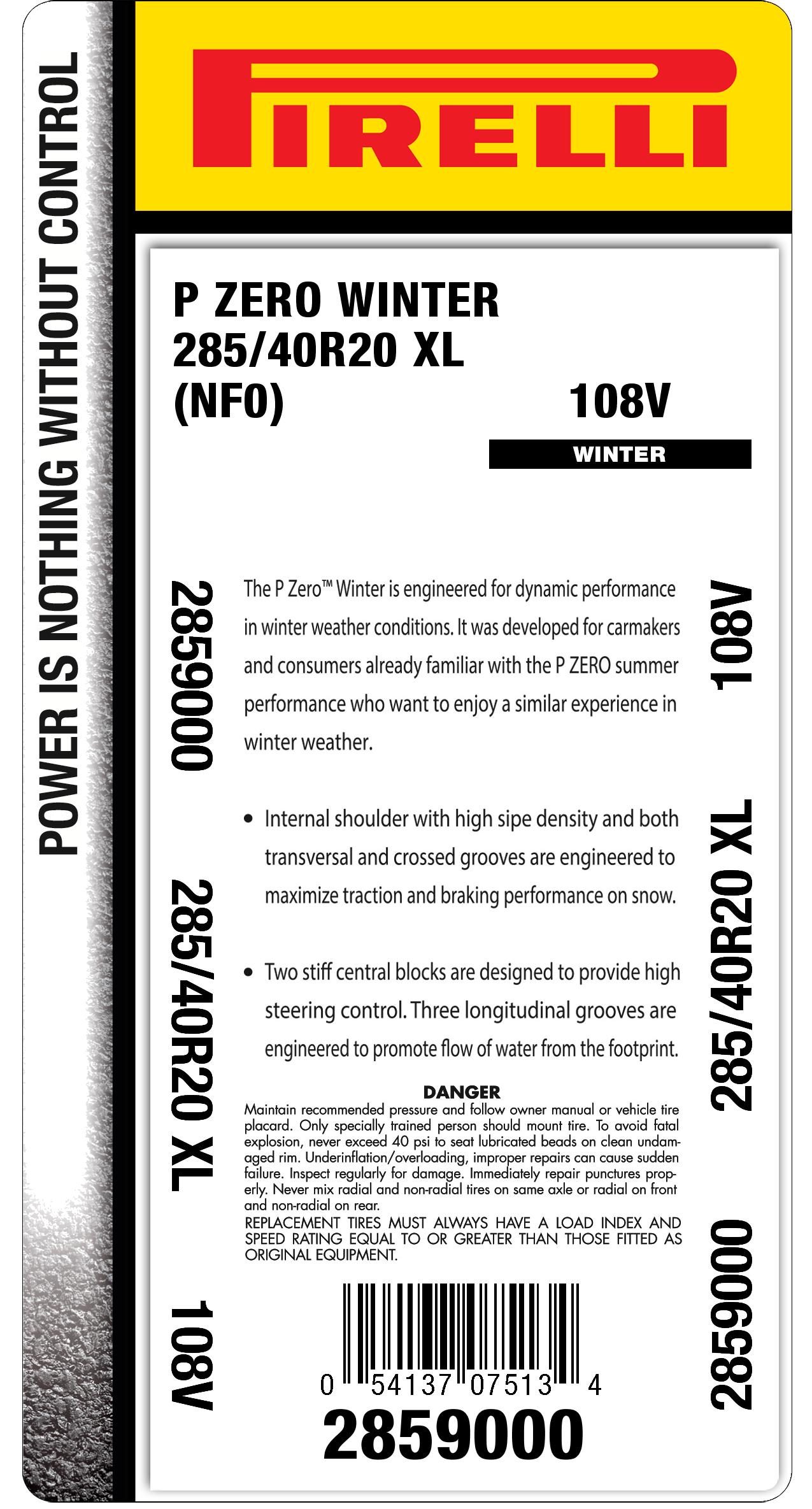 2 Pneus Hiver Pirelli PZero Winter NFO 285/40 R20 108 V - Occasion Bon État