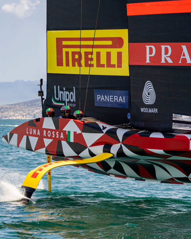 Side close-up of the caravel Luna Rossa during the competition.