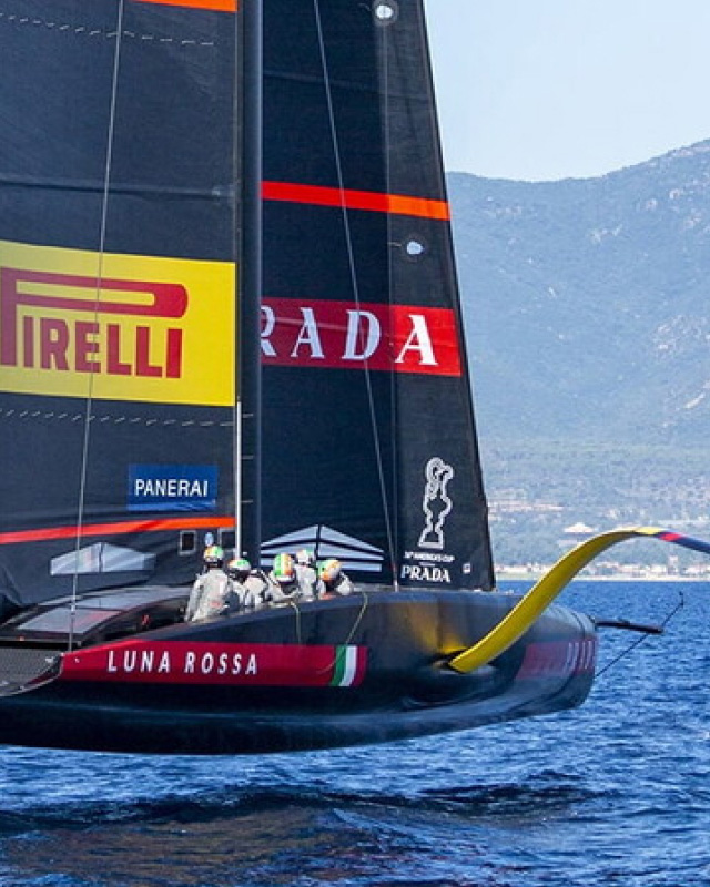 Side close-up of the caravel Luna Rossa during the competition.